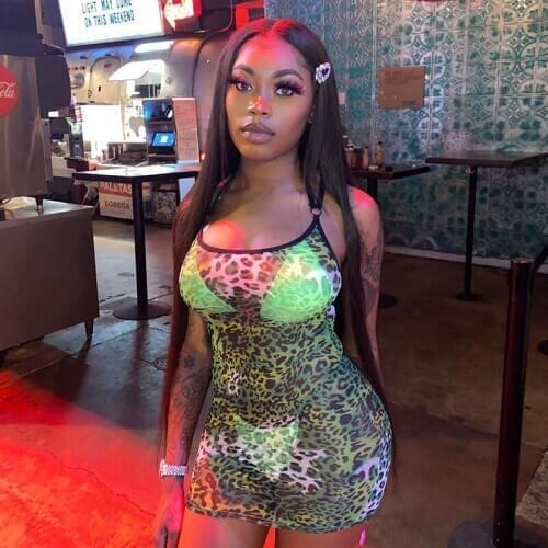 Sexy Women Leopard Print Cover Ups Mesh Sheer See Through Bodycon Dress Clubwear Beach Sleeveless Strap Mini Hip Dresses