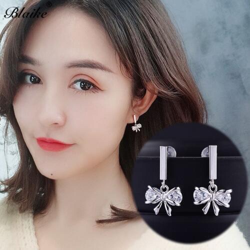 Blaike Cute Bowknot White Zircon Dangle Earrings for Women Vintage Fashion Rose Gold/Silver Color CZ Stone Earring Drop Jewelry