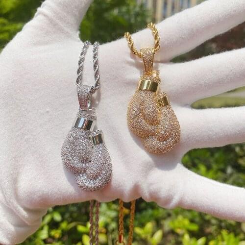 Iced Out Bling Boxing Gloves Pendant Necklace Charm Twist Chain Gold AAA Cubic Zirconia Mens Hip Hop Rock Jewelry Gifts for Him