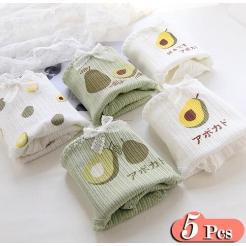 5Pcs/Lot Avocado Panties Lace Bow Womens Underpants Cotton Briefs Sweet Underwear Mid Waist Seamless Thong Green Panties Set