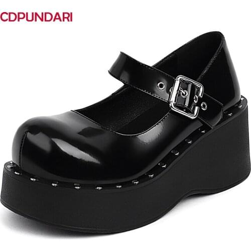 Women Black Mary Janes Platform Wedges Pumps Ladies Spring Summer Casual Punk High Heels Shoes Bride Tacones Mujer