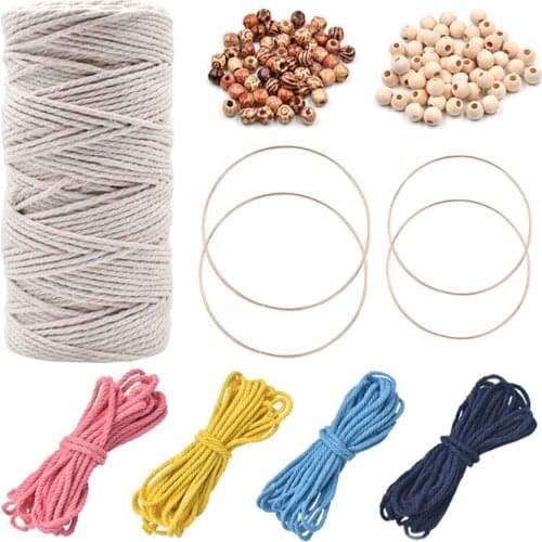 Macrame Cord Natural Cotton Rope with Wooden Beads Metal Rings for Wall Hanging Plant Hangers Gift Wrapping Wedding Decorations