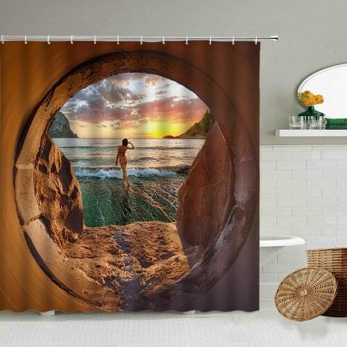 Window Natural Scenery Shower Curtain Seaside Holiday Garden Flower Round Creative Design Bathroom Decoration Waterproof Screen