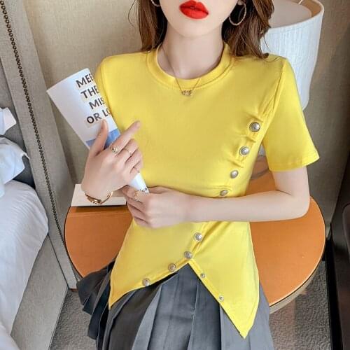 New O-neck Summer Fashion Buttons design Shirt T Shirt Women Tops Base irregular Short sleeve Women Tshirt clothes women