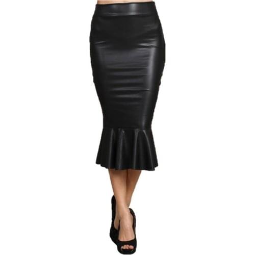 Women Plus Size XXS-5XL 8XL Black Fitted PU Faux Leather Skirt with Trumpet Fishtail Hem 2015 Summer Womens Casual Saias Skirts