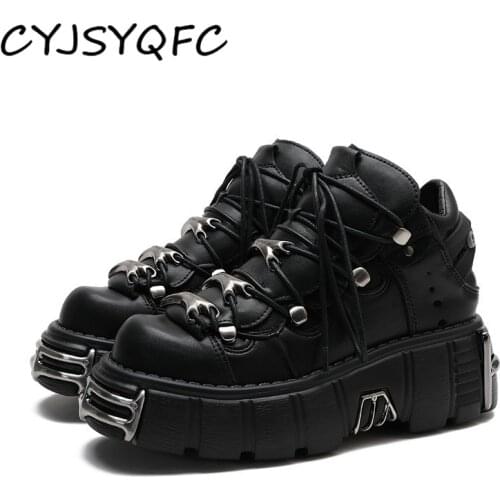 CYJSYQFC Metal Decor Platform Women Sneakers Punk Goth Style Round Toe Lace Up Creepers Lady Boots Chunky Heels Motorcycle Boots