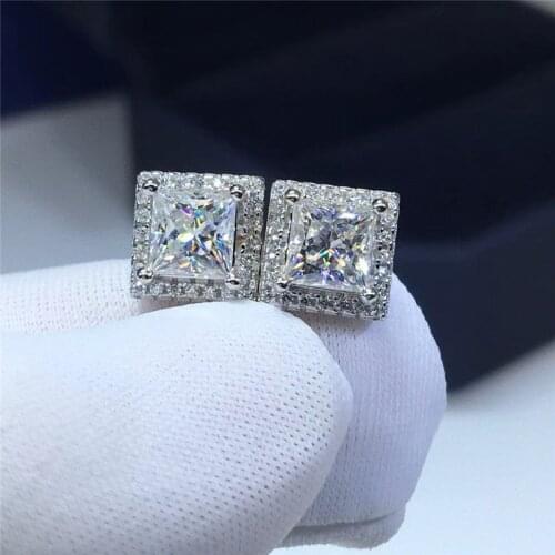 Passed Diamond Test Excellent Moissan Diamond 18K White Gold D Color Vvs1 Princess Diamond Stud Earring Women Fine Jewelry