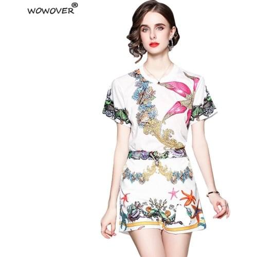 High Street Fashion Casual Holiday Beach 2 Piece Outfit Summer Lady Suit Vintage Print T Shirt Top and Shorts Woman Set