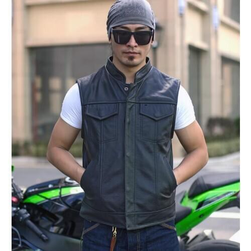 Mens Genuine Handmade Motorcycle Vest Stand Collar Single Breasted Cow Leather Biker Rider Vests Thick Strong