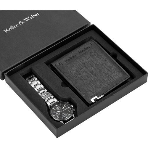 Watch Wallet Gifts Set Business Mens Quartz Wristwatch Black Leather Wallet Birthday Gift for Dad Husband Boyfriend Reloj