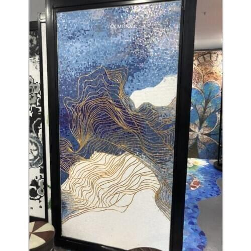 Fine Cut Simple Abstract Art Gold Line Mural Mediterranean Blue Glimmer Glass Mosaic Tile Living Room Bathroom Wall Decoration