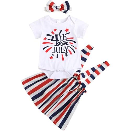 Infant Independence Day Infant Baby Girls Clothes Outfits Letter Print Fly Sleeve Romper + Striped Printed Suspender Skirt