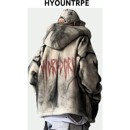 Fashion Tie-dyed Fleece Jackets and Coats Mens Hairy Zipper Oversize Hoodies Outerwear New Casual Warm Thicken Streetwear Parkas