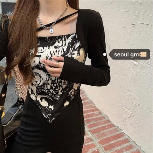 Harteen Korean Fasihon Long Sleeve Vintage Cool Hot Girl Fake Two Short Color Contrast Long Sleeved t-Shirts Tee Shirt Femme Top