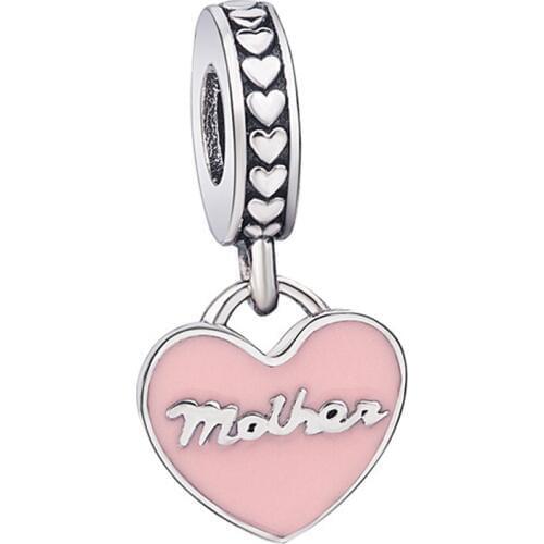 Hot Sale Silver Color Bead Pink Mother Love Heart Glaze Pendants Beads For Original Pandora Charm Bracelets & Bangles Jewelry