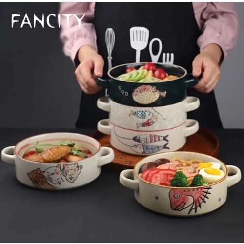FANCITY Japanese hand-painted ceramic tableware household binaural anti-scalding noodle bowl household vegetable bowl fruit sala