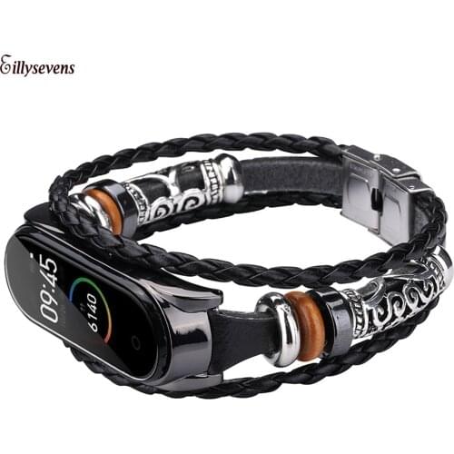 Leather Beading Bracelet Strap For Xiaomi Mi Band 4 Replacement Weave Braided Watchband For Apple Smart Watches
