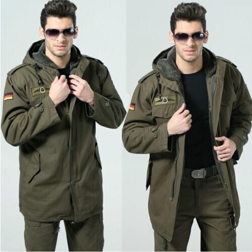 German Army Military Jacket Men Winter Cotton Jacket Thermal Trench with Hood Jackets Fleece Lining Coat