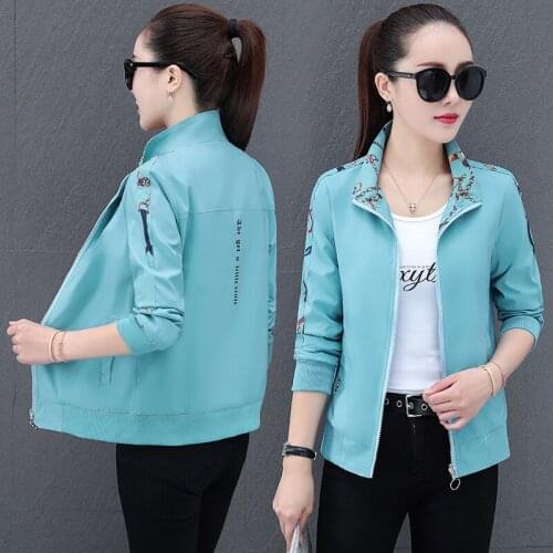 Womens Coat Outerwear New 2021 Spring Autumn Stand-up Collar Double Sided Wear Casual Printing Short Jacket Female Sportswear