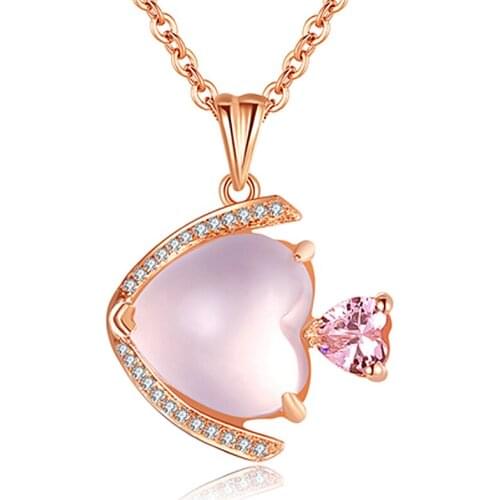 Cute Little Fish Pendant Necklace CZ Crystal Pink Opal Pendant Necklace Chokers Rose Gold Color for Women Girls Ross Quartz Gift