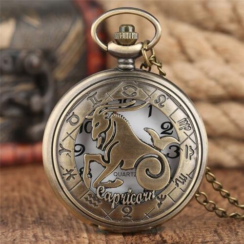 Bronze Retro Pocket Watch Women Capricorn Hollow Necklace Watches Men Half Hunter Zodiac Birthday Gift