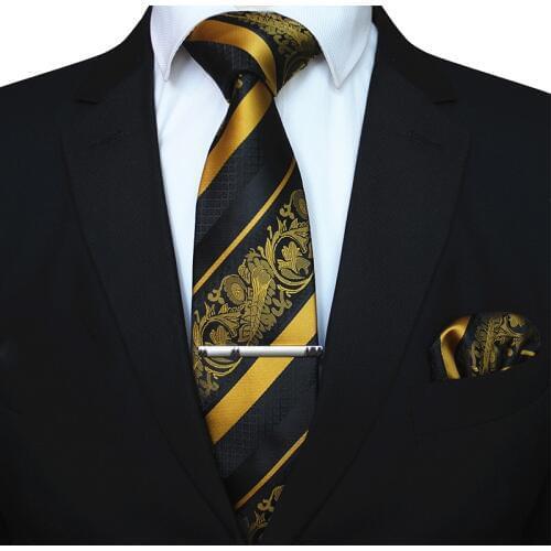 KAMBERFT Classic Mens Floral Necktie and Pocket Square Tie Clip Sets for Men Yellow Striped 8cm silk Necktie Wedding Accessorie