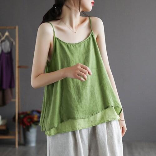 Retro Multicolor Camisole Tops Woman Double-layer Cotton Llinen Vest Loose All-match Female Summer Thin Sling Blouse New aq804