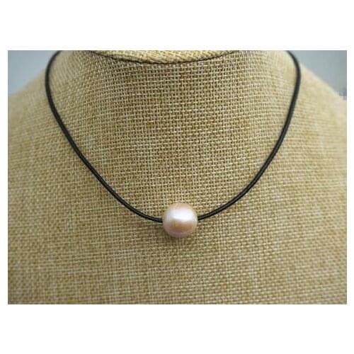 Charming 10-11mm Round Pink Freshwater Pearl Necklace Black Leather Choker Necklace Birthday Wedding Jewelry