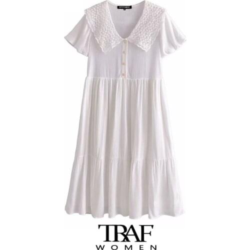 TRAF Za Women Fashion With Wide Embroidery Collar White Midi Dress Vintage Puff Sleeves Lining Female Dresses Vestidos
