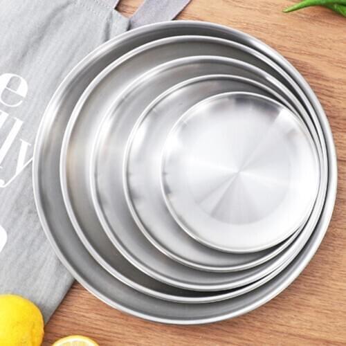 14/17/20/23/26cm Stainless Steel Food Tray Round Dining Plate Cake Fruit Plate Dish Tableware Meat Dessert Storage Tray Silver