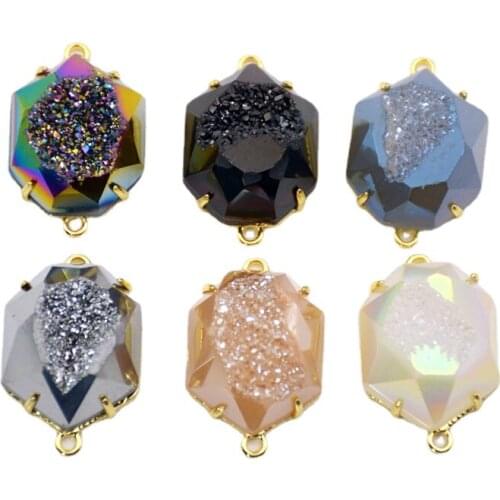 Gold Plating Claw Hexagon Titanium Agates Druzy Geode Faceted Connector Sparkly Drusy Gem stone Making Jewelry Charm