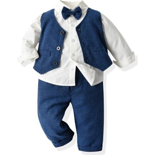 Spring&Autumn 1-7 Years Boy Clothes Set Cotton Baby Formal Vest +Shirt + Pants + Bow 4 Pieces Costume Infant Kids Outfits