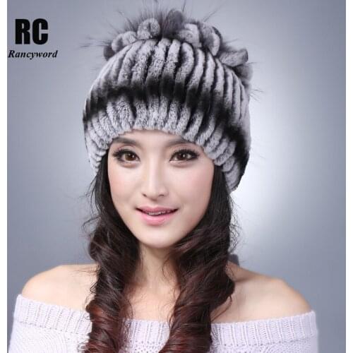 [Rancyword] 100% Natural Fur Hat Women Real Rex Rabbit Beanie Fox Fur Flower 2017 New Thick Female Winter Knitted Fur Hat RC1299