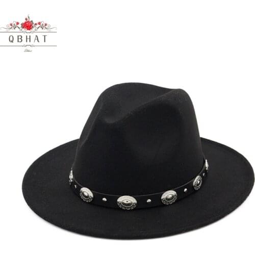 QBHAT British Style Metal Belt Decorated Wool Felt Hat for Men Women Jazz Fedoras Hats Unisex Panama Flat Brim Fedora QB05