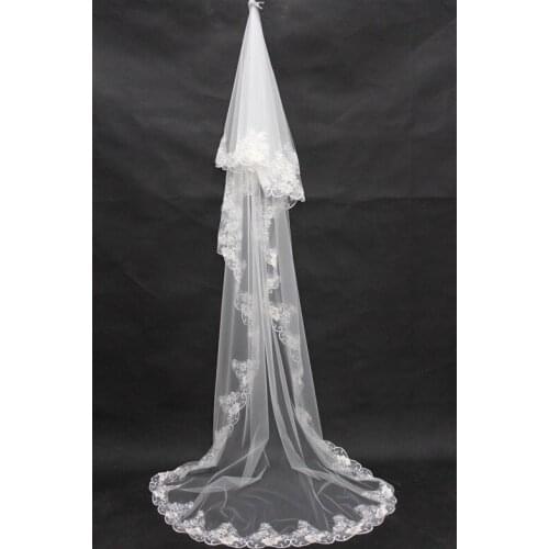 Custom Made Wedding Veil Real Picture Stunning White Ivory 3 Meter Long Lace Applique Lace Tulle Cathedral Bridal Veils