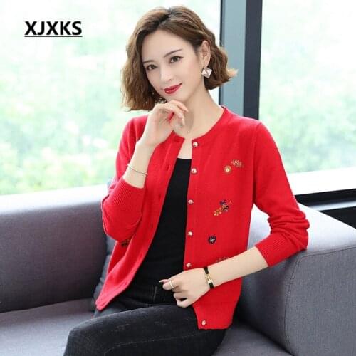 XJXKS Round neck long sleeve knitted cardigan women jacket 2020 autumn winter new fashion embroidery women wool sweater cardigan