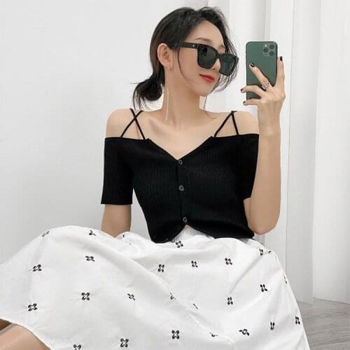 Women Sling Blouse Off Shoulder Tops Short Sleeves Sling Tops Casual Sexy Cross Cropped Tops