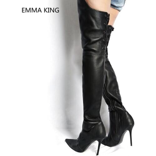 2020 New Leather winter Over The Knee Boots Pointed Toe High Heel Black Winter Gothic Shoes Woman runway Thigh High Boots