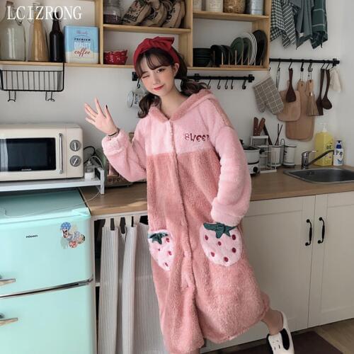 Cartoon Strawberry Women Bathrobe Warm Plush Bath Robes Nightgown Female Big Size Gown Robe
