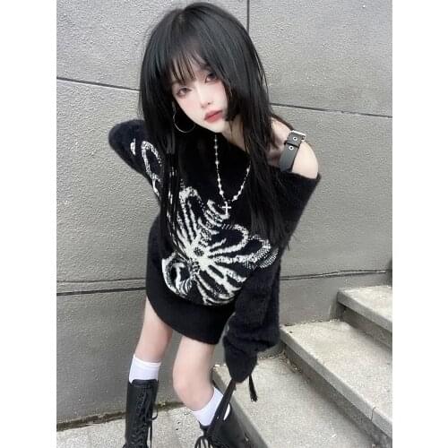 Summer Harajuku Gothic Hot Girls Rose Red Hip Hop Knitting Hollow Out Long Sleeve Top Fashion Punk Pullover Cool Girl New