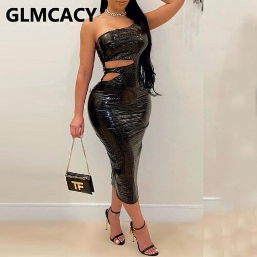 Women One Shoulder PU Hollow Out Bodycon Midi Dress