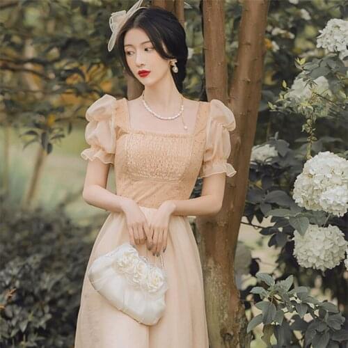 French First Love Square Neck Vestido Female Summer Retro Net Yarn Puff Sleeve Gentle Temperament Sweet Fairy Dress