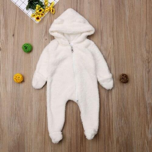Newborn Baby Girl Boy Winter Warm Clothes One-piece Fur Fuzzy Hooded Rompers Jumpsuit Outfit 0-24M Clothing Outfits