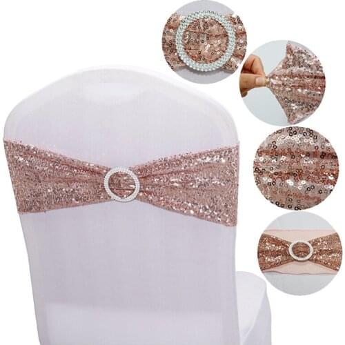 10/50/100PCS Stretch Sequin Chair Sash Bows Chair Bands with Buckle for Wedding Hotel Banquet Reception Birthday Chair Cover