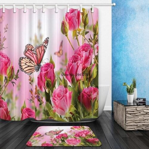 2pcs/lot butterfly Flower Printing Shower Curtain Bathroom Waterproof Polyester Shower Curtain With Bath Non-slip Mat Set
