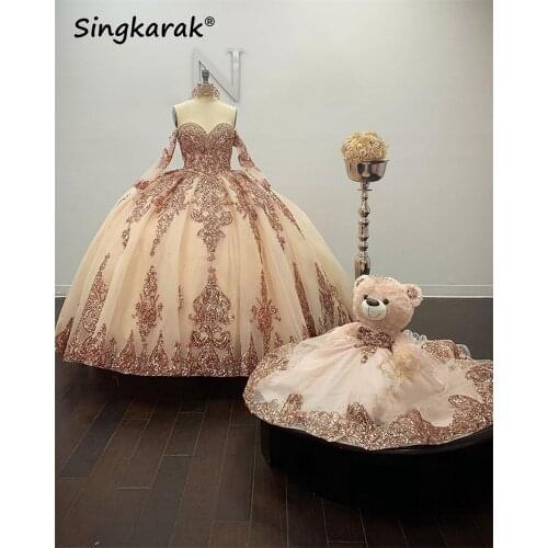 2021 Champagne Sparkly Ball Gown Quinceanera Dresses Detachable Sleeves Sweetheart Sequines Applique Sweet 16 Dress Party Wear