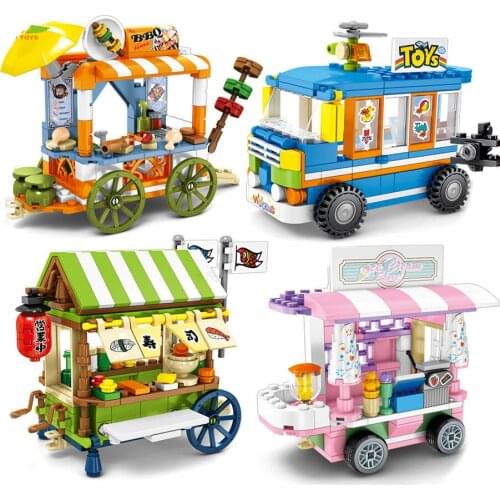 608Pcs Kids Toys Sets Street View Roadside Market Dessert Shop Trolley Building Blocks City Bricks Toys for Birthday Gift