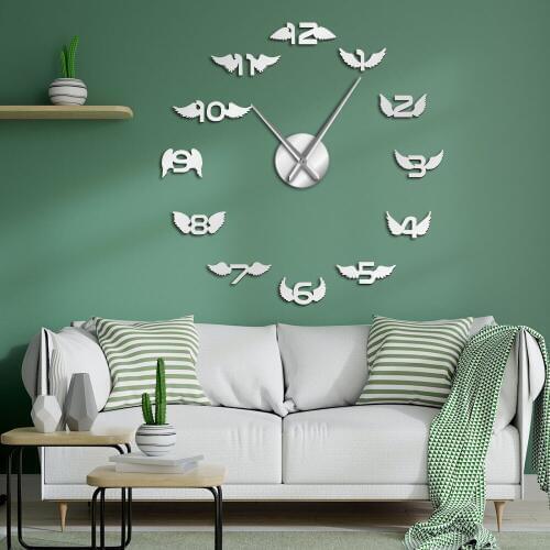Angel Wings With Number 3D Big Wall Clock Bird Wings Nursery Kid Room Decorative Minimalist Frameless Wall Mirror Stickers