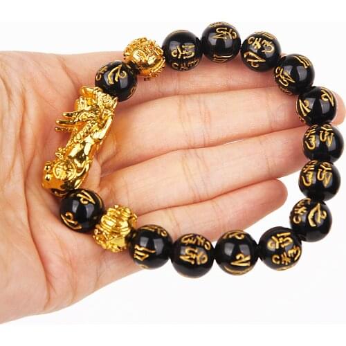 Feng Shui Bracelet Luck Wealth Buddha Black Obsidian stone Beaded Bracelet hombre Gold Charm Pixiu Bracelet Womens Men Unisex