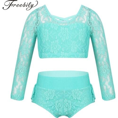 Kids Girls Lace Ballet Tutu Dance Wear Criss Cross Back Crop Top with ruffled Briefs Outfit Set for Dancing Stage Performance